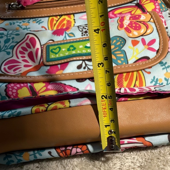 Lily Bloom Butterfly Print Crossbody Bag Tan Trim Pink Lining Pockets 10" x 9" - Picture 14 of 16